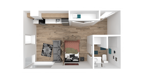 a 3d rendering of a bedroom with a wood wall